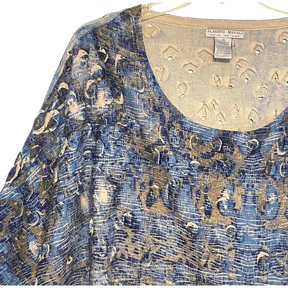 Alberto Makali 3D Sweater Womens XL Blue & Gold Dolman Sleeve Wool Blend Artsy - Picture 2 of 7